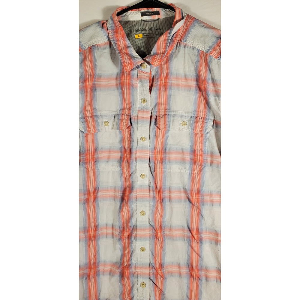 Eddie Bauer Mens Plaid Long Sleeve Button‎ Up Shirt Orange Blue White Size S